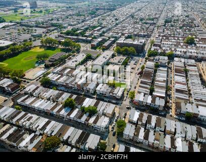 Aerial view of the urban row houses of neighborhood in roofs Philly Pennsylvania US