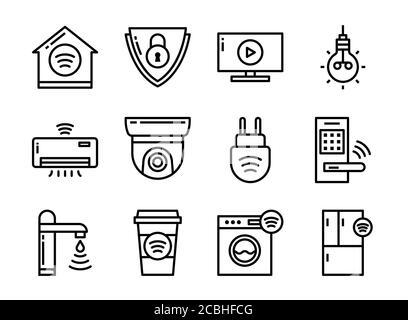 Home smart devices icon set thin line style. Symbols for website, magazine, app and design. Stock Vector