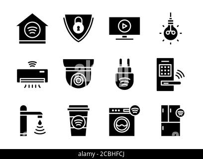 Home smart devices icon set black solid style. Symbols for website, magazine, app and design. Stock Vector