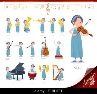 A set of Pregnant Women on classical music performances.There are actions to play various instruments such as string instruments and wind instruments. Stock Vector