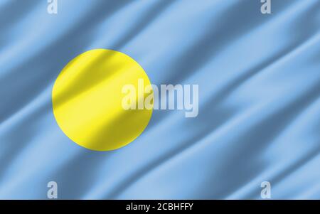 Silk wavy flag of Palau graphic. Wavy Palauan flag 3D illustration. Rippled Palau country flag is a symbol of freedom, patriotism and independence. Stock Photo