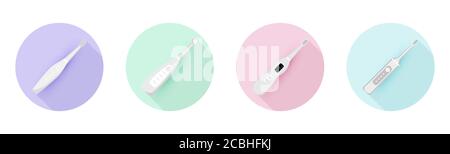 Set of electric toothbrush icons with long shadow isolated on color background. Element for cleaning teeth. Dentistry equipment illustration. Vector Stock Vector