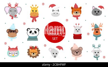 Set of cute christmas animals characters. Cartoon zoo. Vector illustration in flat style. African and Siberian animals. Stock Vector