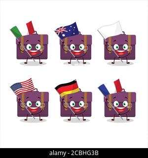 Purple suitcase cartoon character bring the flags of various countries Stock Vector
