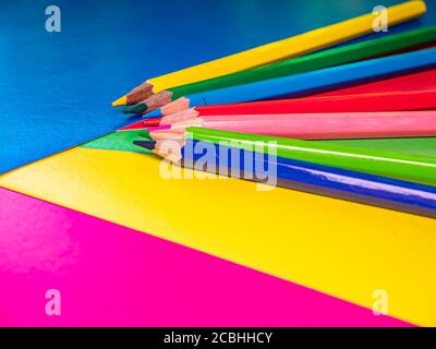 Colored pencils for drawing on the table. Stock Photo