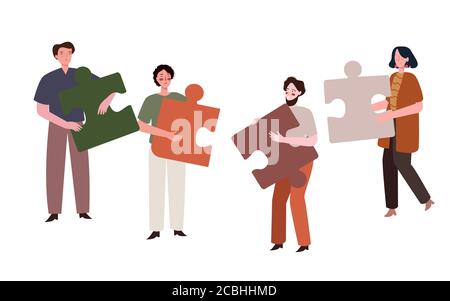 group guy lady carrying puzzle pieces with flat cartoon style Stock Vector