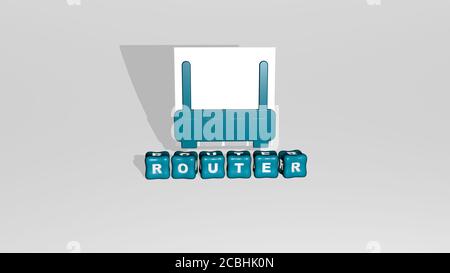 3D illustration of ROUTER graphics and text made by metallic dice letters for the related meanings of the concept and presentations for internet and connection Stock Photo