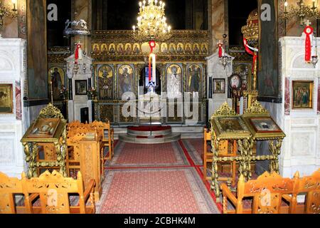 Interior of Christian orthodox church in Athens, Greece, May 6 2020. Stock Photo