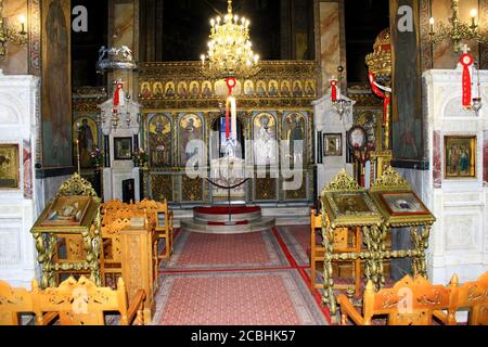 Interior of Christian orthodox church in Athens, Greece, May 6 2020. Stock Photo