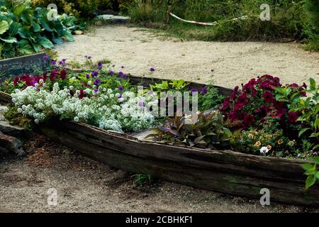 Beautifully designed flowerbed in the form of a boat of flowers of different colors. Photo taken in Chelyabinsk, Russia. Stock Photo