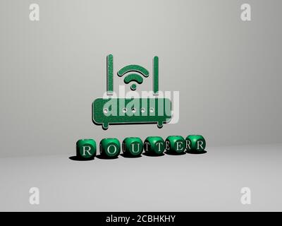 3D illustration of router graphics and text made by metallic dice letters for the related meanings of the concept and presentations for internet and connection Stock Photo