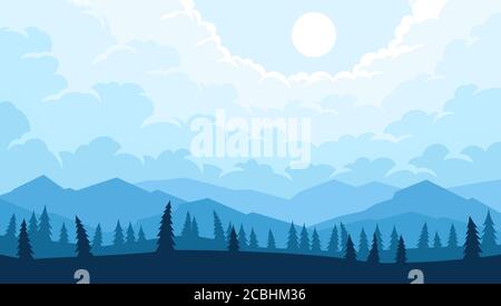 Mountains landscape with trees silhouettes in the foreground Stock Vector