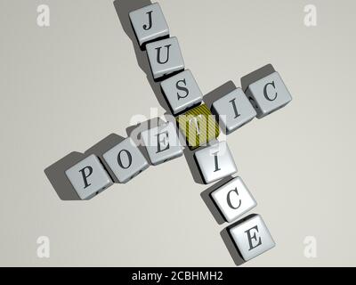 POETIC JUSTICE crossword by cubic dice letters - 3D illustration for law and concept Stock Photo