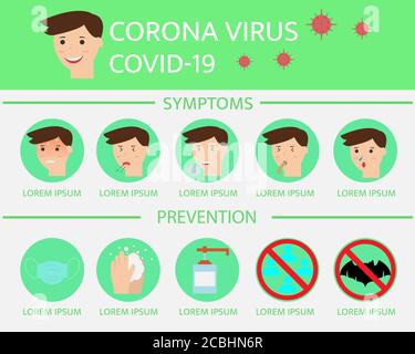 Illustration vector design of coronavirus covid-19 symptoms and prevention infographics Stock Vector