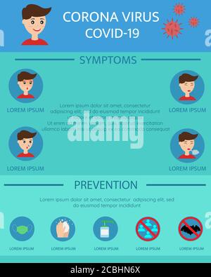 Illustration vector design of coronavirus covid-19 symptoms and prevention infographics Stock Vector