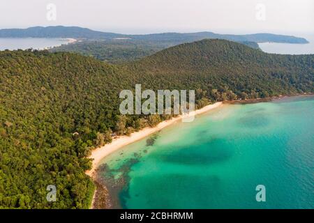 Long Beach on Koh Rong island in Cambodia, South-East Asia. top view, aerial view of beautiful tropical island in Gulf of Thailand. Stock Photo