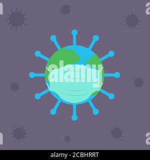Illustration vector design of the earth in the form of a virus wearing a mask. The earth needs help for recovering concept. Stock Vector