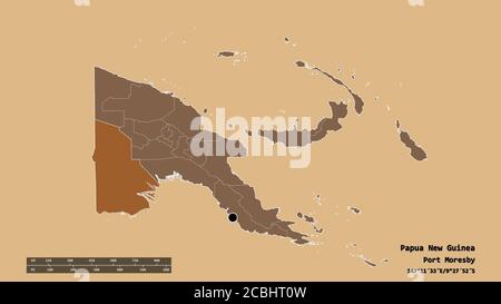 Desaturated shape of Papua New Guinea with its capital, main regional division and the separated Western area. Labels. Composition of regularly patter Stock Photo