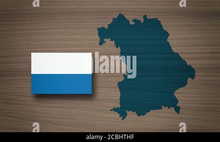 Map and flag of Bavaria (Bayern),  German federal state, on wooden background, 3D illustration Stock Photo