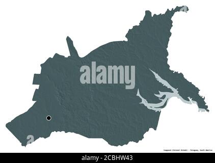 Shape of Caaguazú, department of Paraguay, with its capital isolated on white background. Colored elevation map. 3D rendering Stock Photo