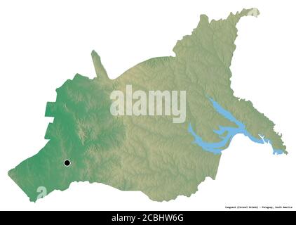 Shape of Caaguazú, department of Paraguay, with its capital isolated on white background. Topographic relief map. 3D rendering Stock Photo