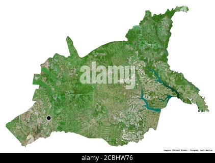 Shape of Caaguazú, department of Paraguay, with its capital isolated on white background. Satellite imagery. 3D rendering Stock Photo