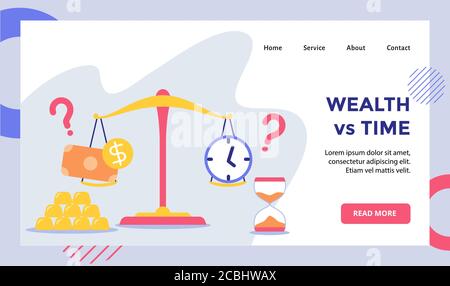 Wealth vs time equal scale carry clock and money campaign for web website home homepage landing page template banner with modern flat style Stock Vector