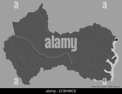 Shape of Canindeyú, department of Paraguay, with its capital isolated on a solid color background. Bilevel elevation map. 3D rendering Stock Photo