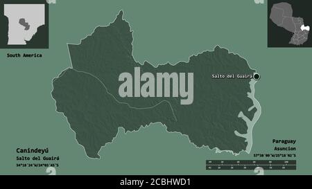 Shape of Canindeyú, department of Paraguay, and its capital. Distance scale, previews and labels. Colored elevation map. 3D rendering Stock Photo