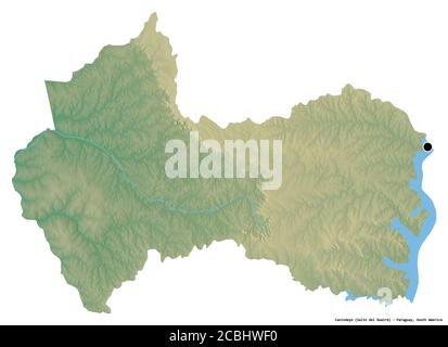 Shape of Canindeyú, department of Paraguay, with its capital isolated on white background. Topographic relief map. 3D rendering Stock Photo