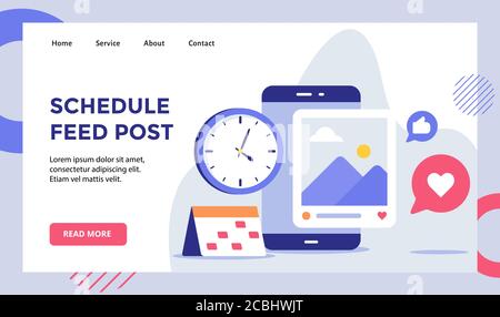 Schedule feed post picture on smartphone screen campaign for web website home homepage landing page template banner with modern flat style Stock Vector