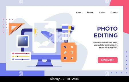 Photo editing picture on display monitor screen campaign for web website home homepage landing page template banner with modern flat style Stock Vector