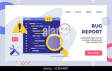 Bug report magnifier bug on data software campaign for web website home homepage landing page template banner with modern flat style Stock Vector