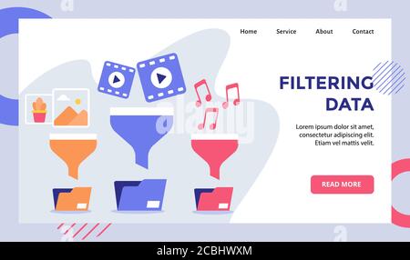 Filtering data picture video music filtering with funnel to file folder campaign for web website home homepage landing page template banner with Stock Vector
