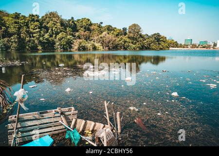 City dump in the pond in Park. Garbage lies in the water on one of the urban landscape. plastic bottles were thrown into the water. Stock Photo