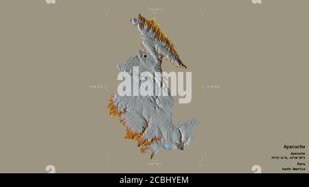 Area of Ayacucho, region of Peru, isolated on a solid background in a georeferenced bounding box. Labels. Topographic relief map. 3D rendering Stock Photo