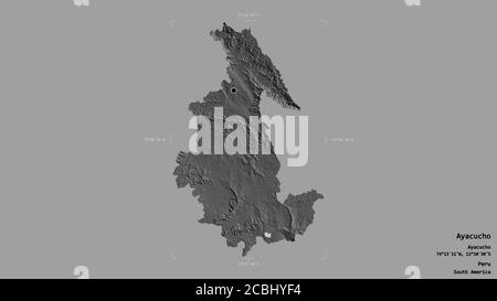 Area of Ayacucho, region of Peru, isolated on a solid background in a georeferenced bounding box. Labels. Bilevel elevation map. 3D rendering Stock Photo