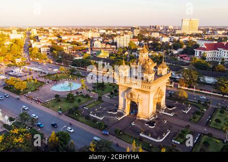 Patuxay, Vientiane Laos, Sunrise in the morning at at Patuxai. Stock Photo