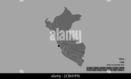 Desaturated shape of Peru with its capital, main regional division and the separated Huancavelica area. Labels. Bilevel elevation map. 3D rendering Stock Photo