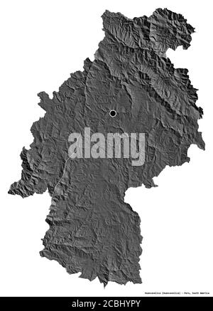 Shape of Huancavelica, region of Peru, with its capital isolated on white background. Bilevel elevation map. 3D rendering Stock Photo