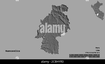 Shape of Huancavelica, region of Peru, with its capital isolated on solid background. Distance scale, region preview and labels. Bilevel elevation map Stock Photo