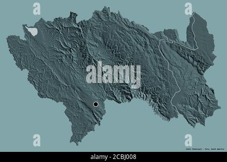 Shape of Junín, region of Peru, with its capital isolated on a solid color background. Colored elevation map. 3D rendering Stock Photo