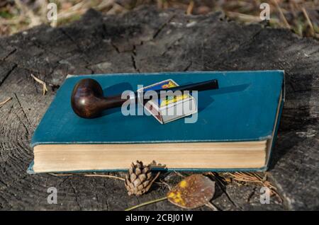 A book, a smoking pipe and a matchbox on a stump in an autumn forest or park. Close-up Stock Photo