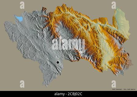 Shape of Junín, region of Peru, with its capital isolated on a solid color background. Topographic relief map. 3D rendering Stock Photo