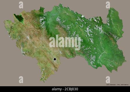 Shape of Junín, region of Peru, with its capital isolated on a solid color background. Satellite imagery. 3D rendering Stock Photo