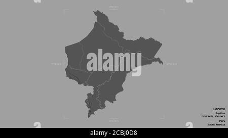Area of Loreto, region of Peru, isolated on a solid background in a georeferenced bounding box. Labels. Bilevel elevation map. 3D rendering Stock Photo