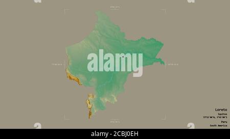 Area of Loreto, region of Peru, isolated on a solid background in a georeferenced bounding box. Labels. Topographic relief map. 3D rendering Stock Photo