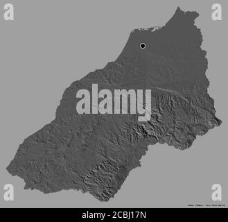 Shape of Tumbes, region of Peru, with its capital isolated on a solid color background. Bilevel elevation map. 3D rendering Stock Photo