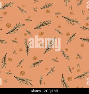 conifer branches and cones seamless vector pattern Stock Vector