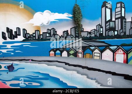 Street art mural depicting bathing boxes on Middle Brighton Beach, Melbourne, Australia Stock Photo